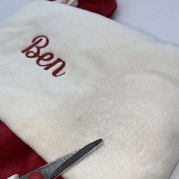 Pottery Barn Ben Velvet Christmas Stocking Holiday Monogrammed Red Cream 19 in - Picture 12 of 12